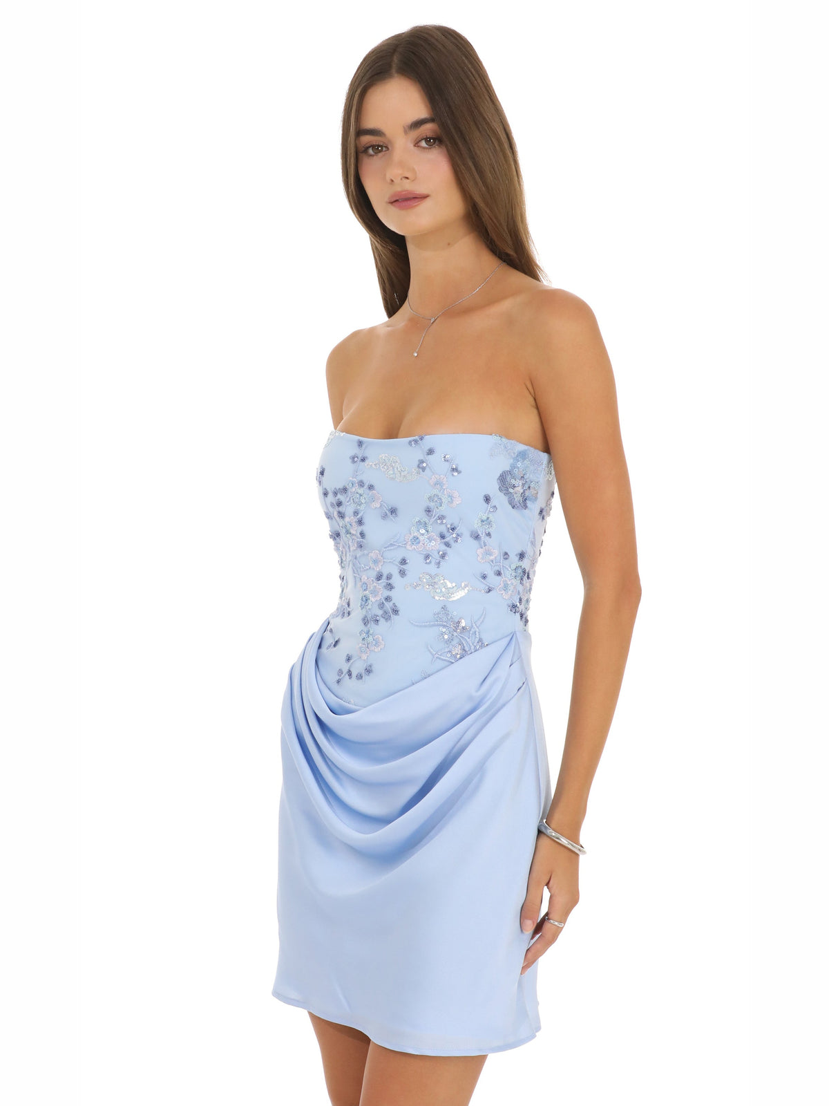 Blue homecoming dress with a-line silhouette and mini length