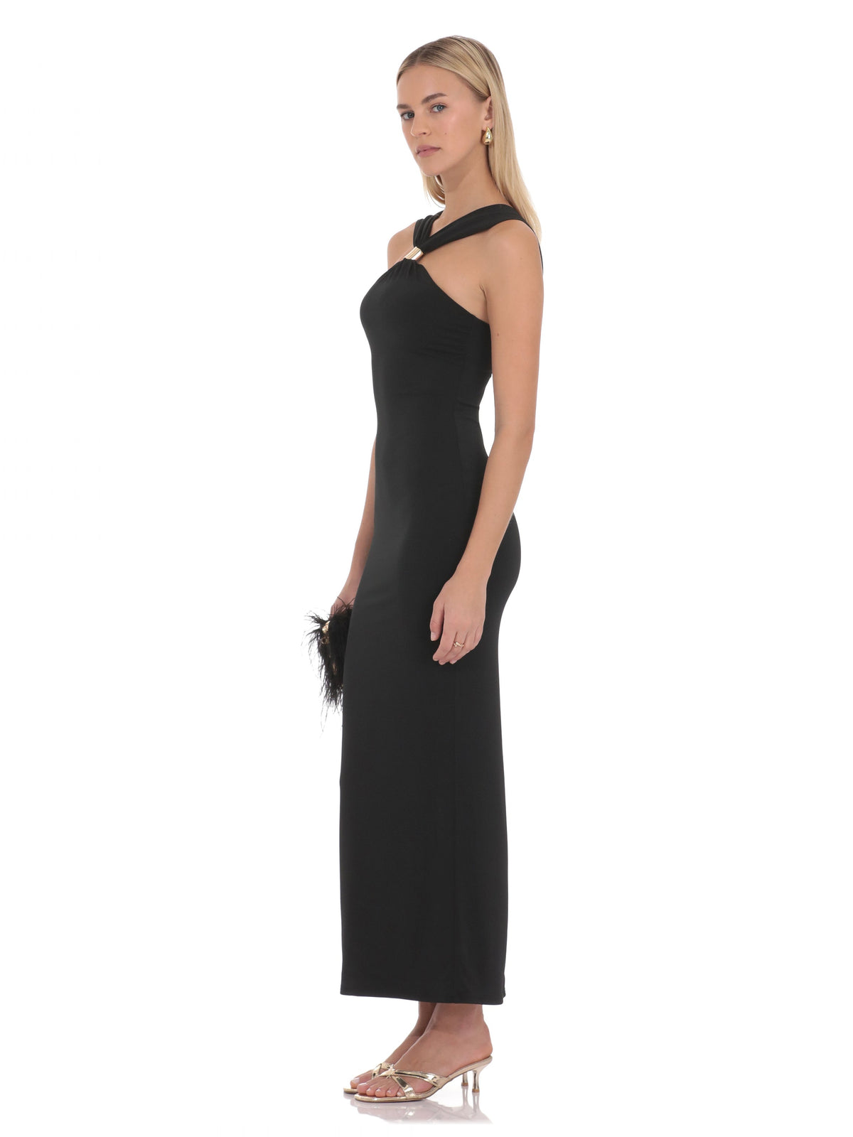 Black bridesmaid dress with a-line silhouette and maxi length