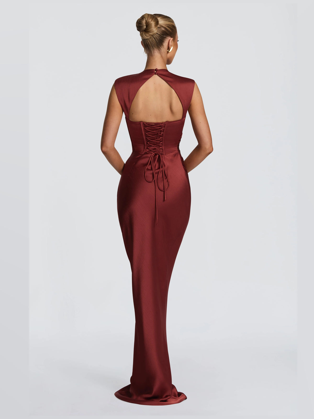 Deep Rust formal dress with a-line silhouette and maxi length