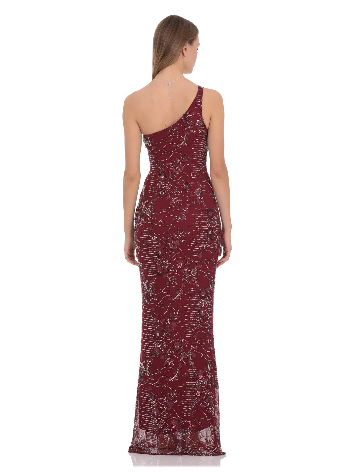 Burgundy bridesmaid dress with a-line silhouette and maxi length