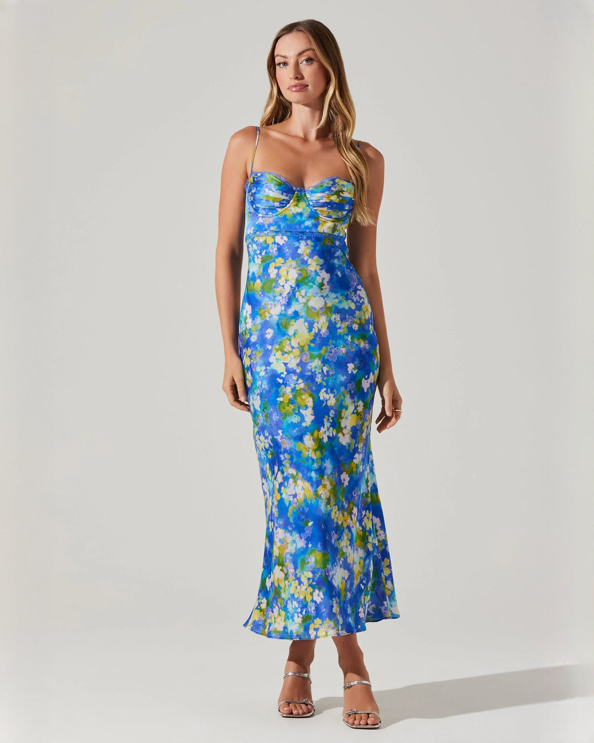 Light blue floral satin maxi dress with spaghetti straps and sweetheart neckline
