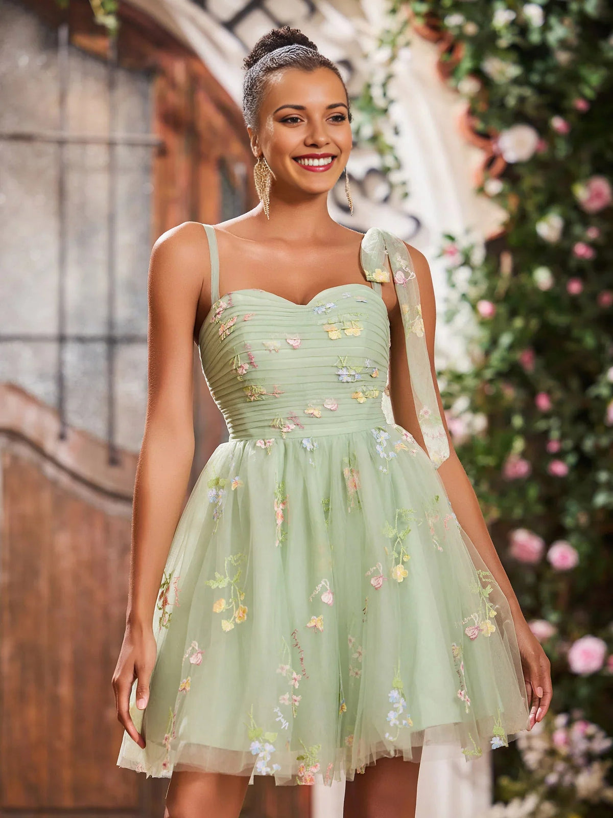 Dusty sage tulle mini dress with floral embroidery, sweetheart corset bodice, A-line skirt