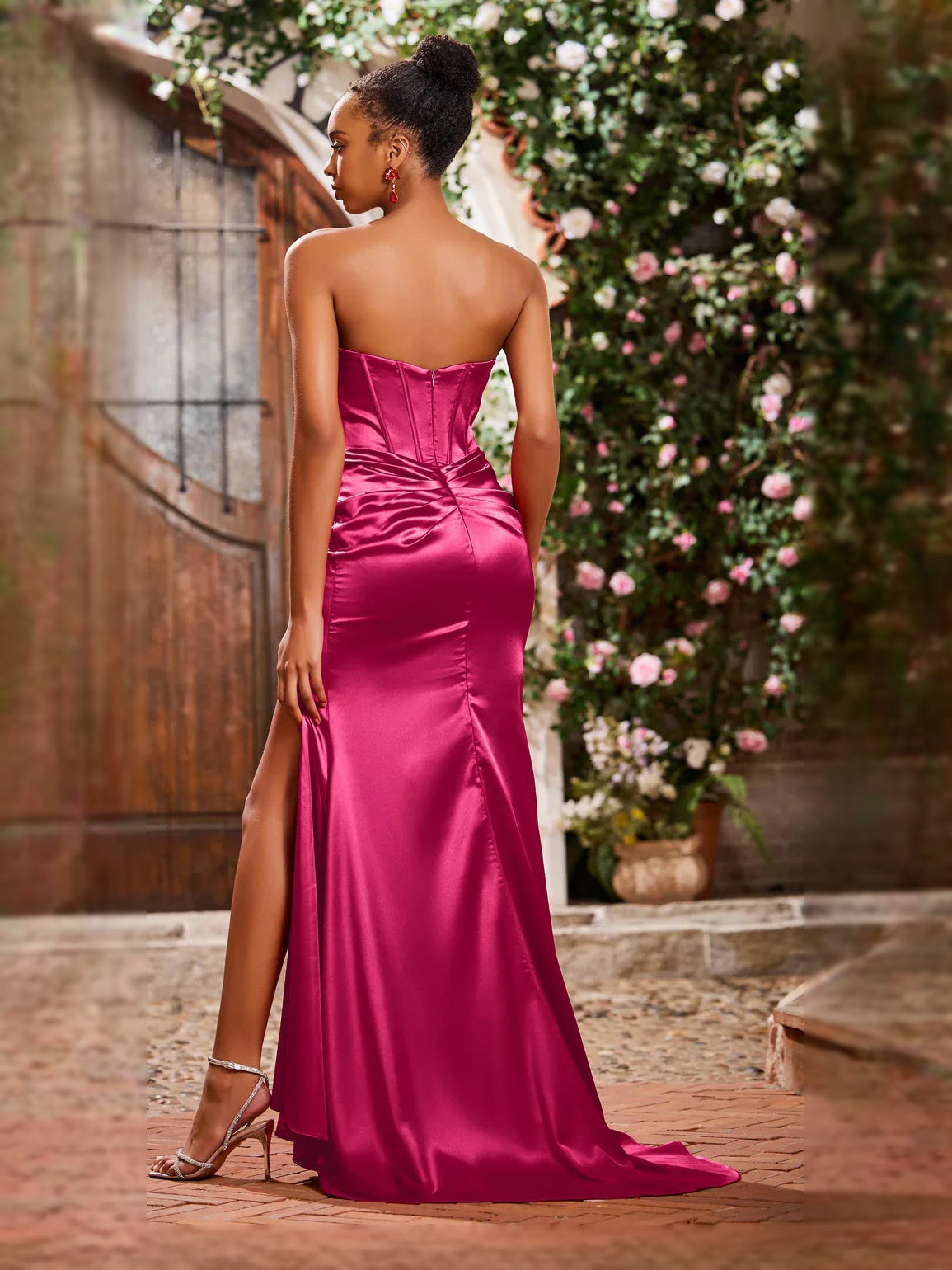 Fuchsia satin corset slit mermaid dress, strapless ruched bodice (back view)