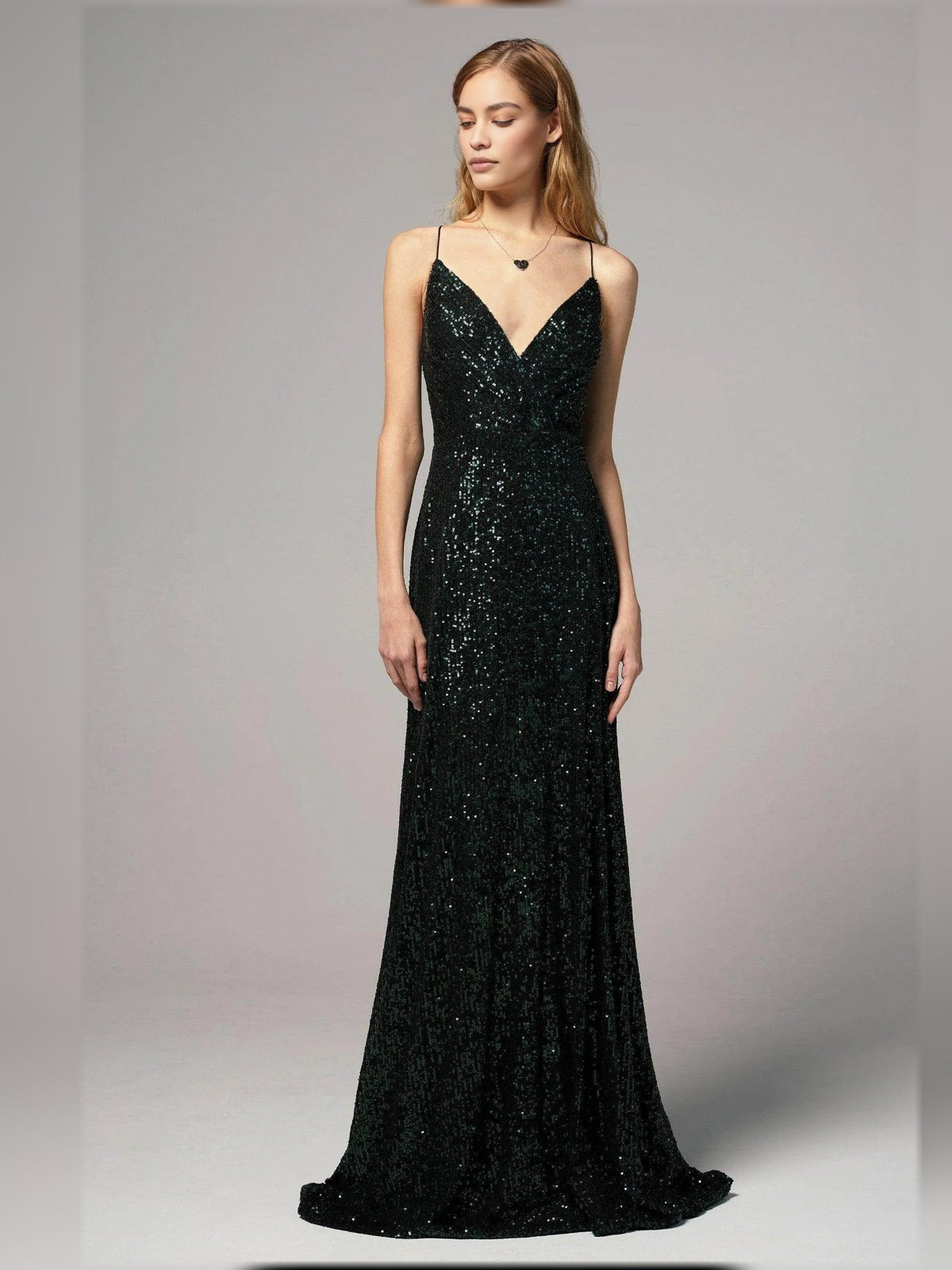 Black sequin V-neck sheath formal dress with open back and front slit, floor length