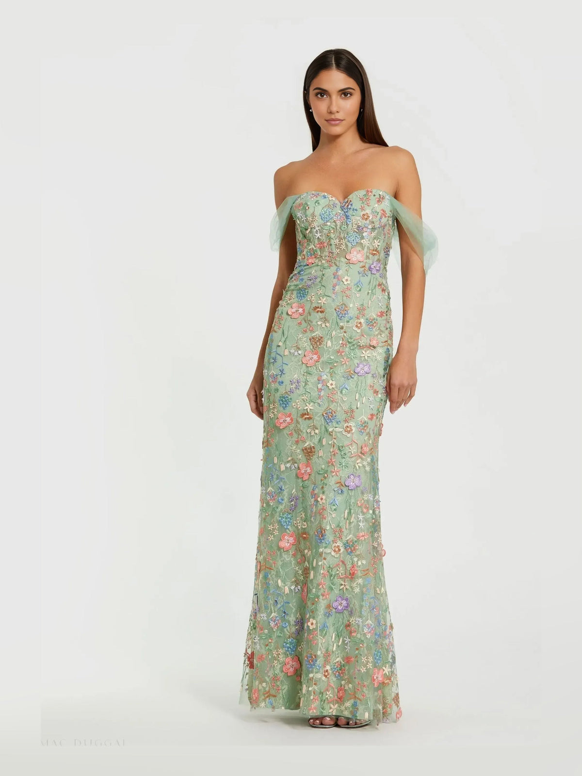Floral off-shoulder mermaid maxi dress, light green with coral pink flowers