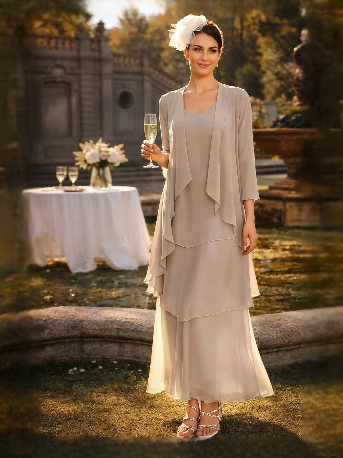 Layered scoop-neck A-line maxi chiffon dress in light khaki, draped cape sleeves