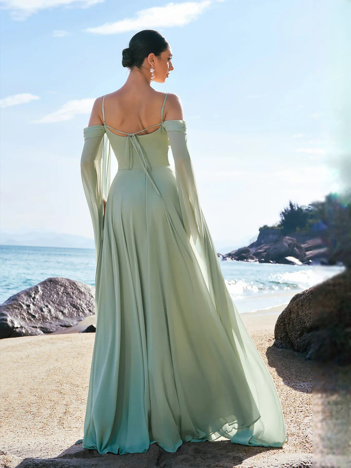 Dusty sage off-shoulder A-line chiffon bridesmaid dress with draped long sleeves