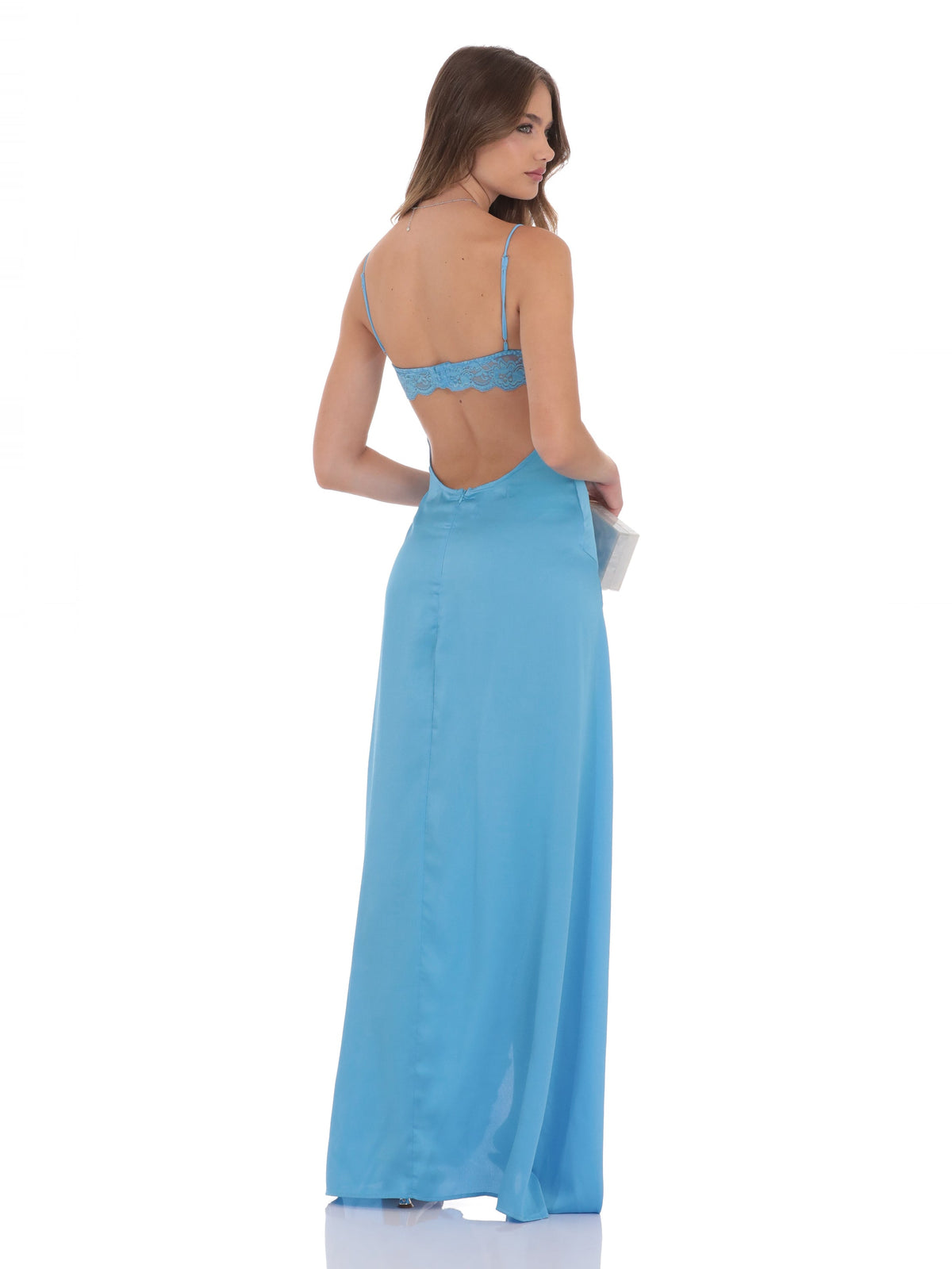 Light Blue bridesmaid dress with a-line silhouette and maxi length