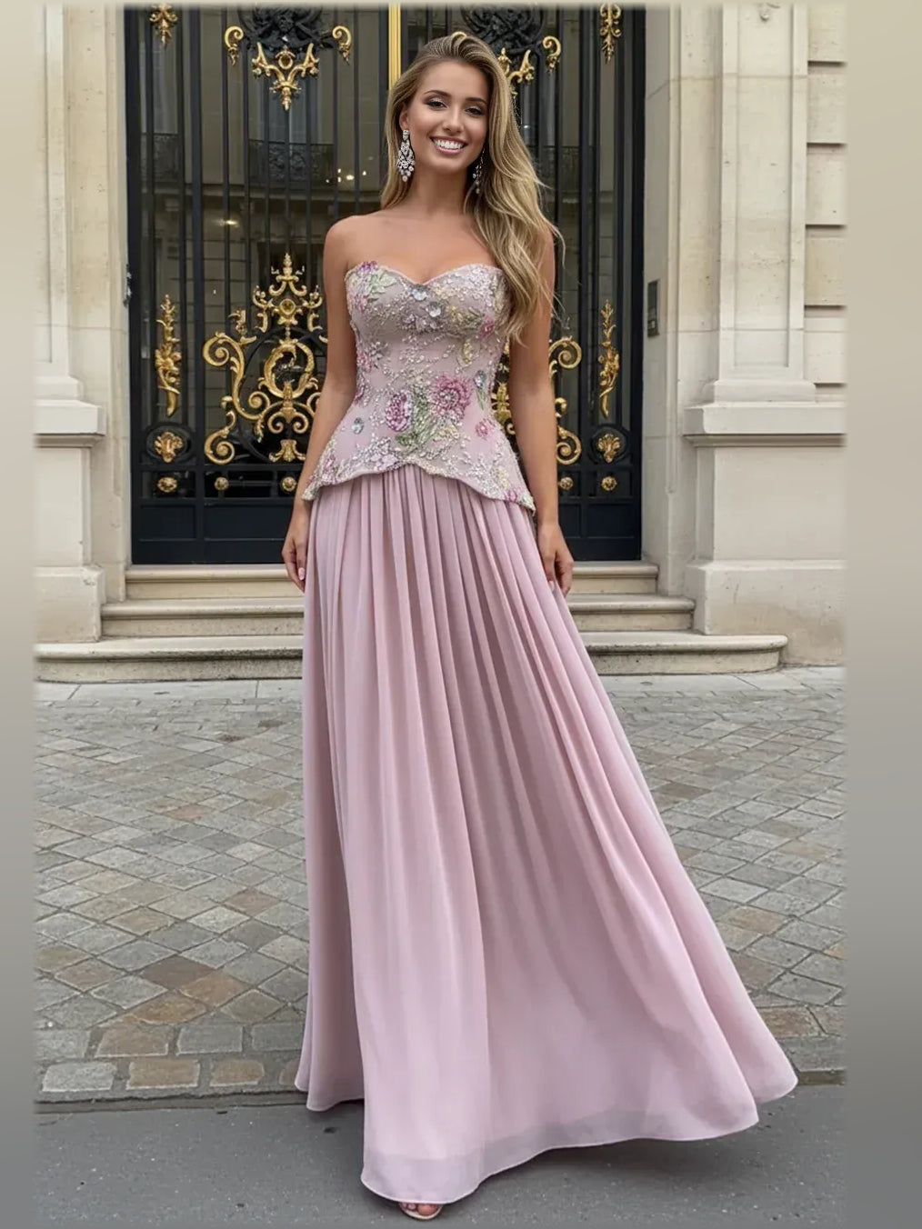 Dusty pink sweetheart formal dress with floral beadwork and pleated floor-length skirt