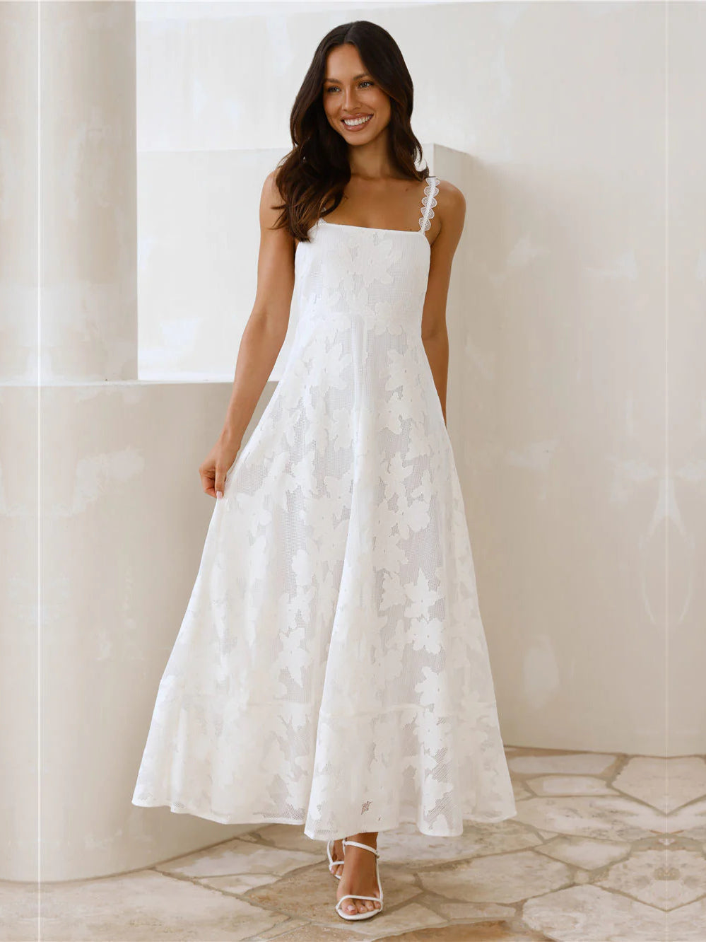 Cream a-line maxi formal dress with square neckline, full-length front view