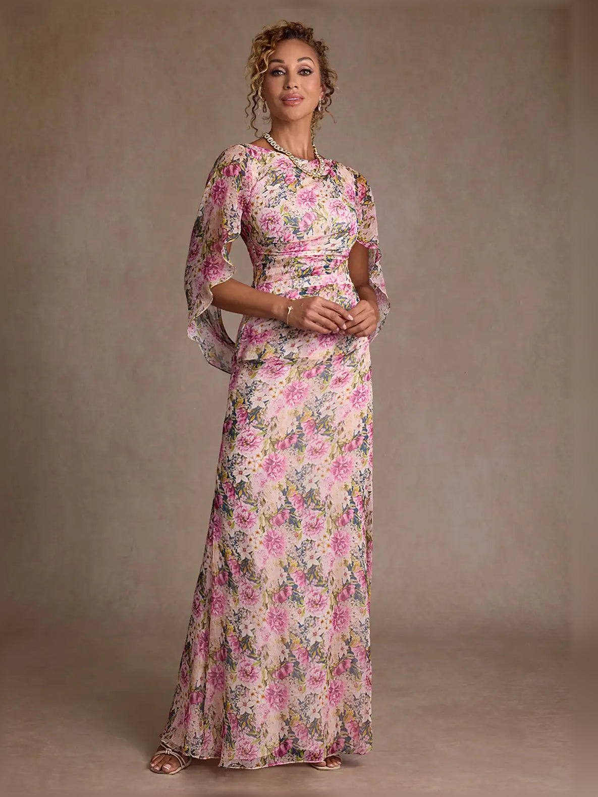 Floral draped chiffon sheath dress, floor-length with cape sleeves and ruched waist