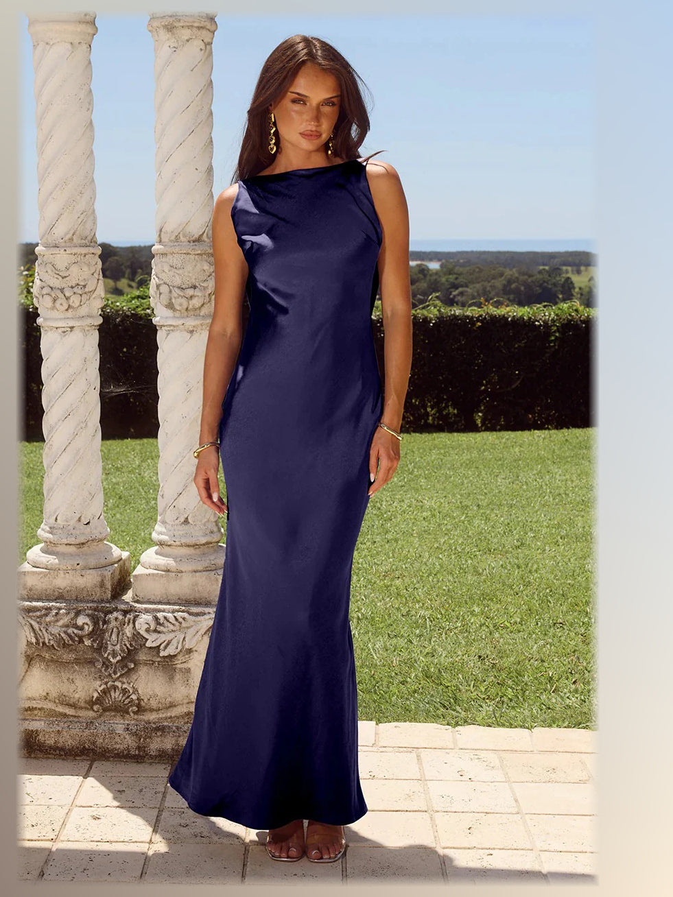 Navy maxi formal dress, front full-length view showing the neckline