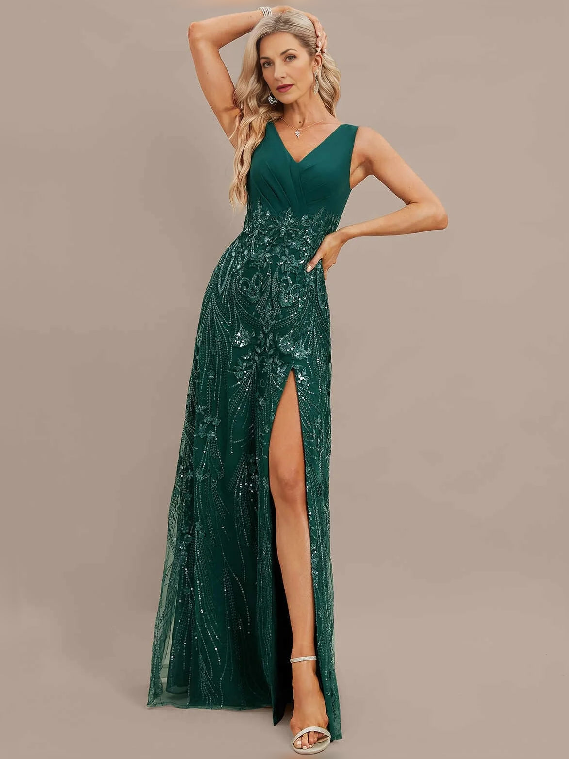 Dark green sleeveless V-neck pleated beaded tulle A-line maxi dress with thigh slit
