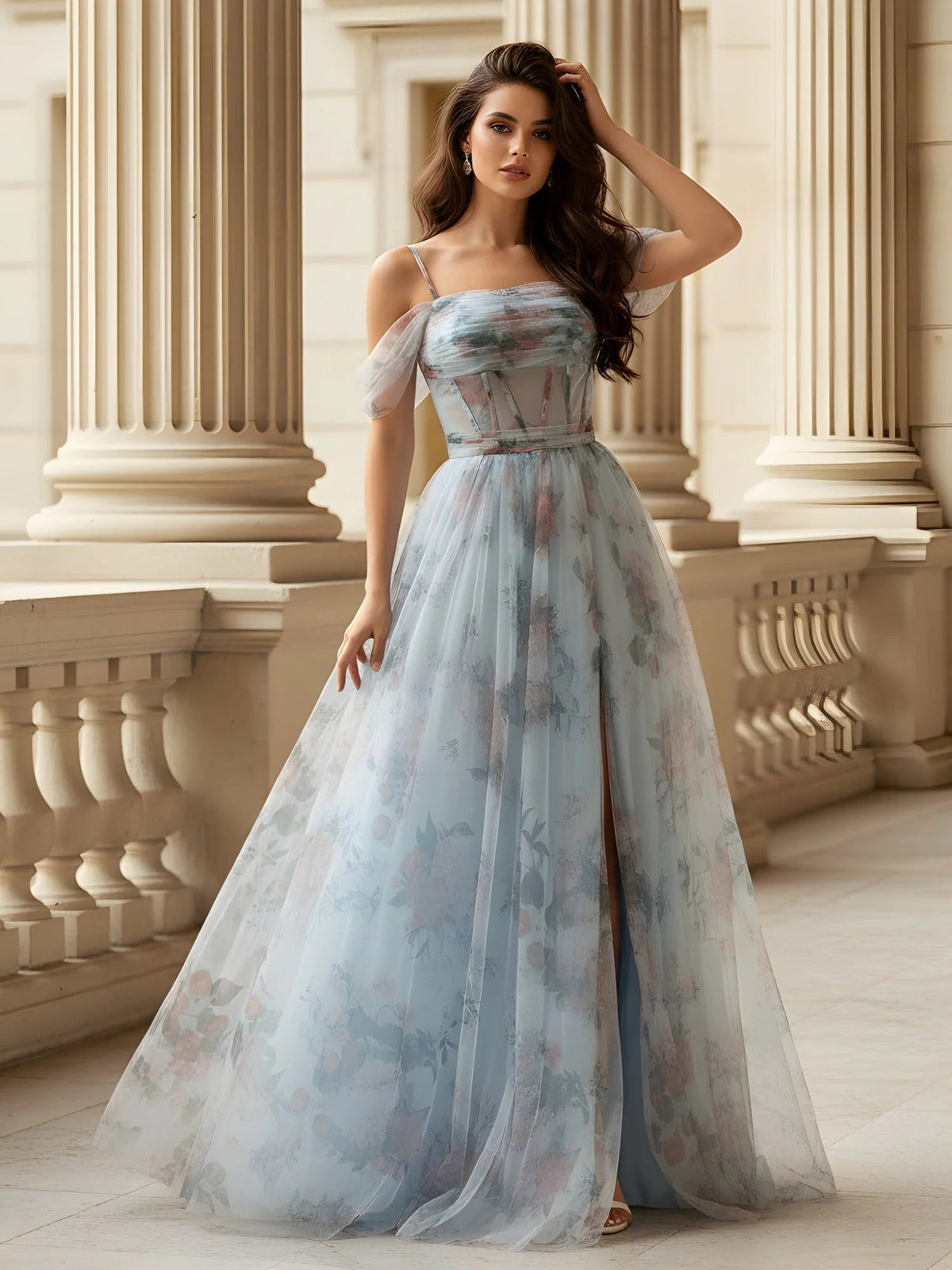 Light blue floral off-the-shoulder corset floor-length formal dress with full skirt