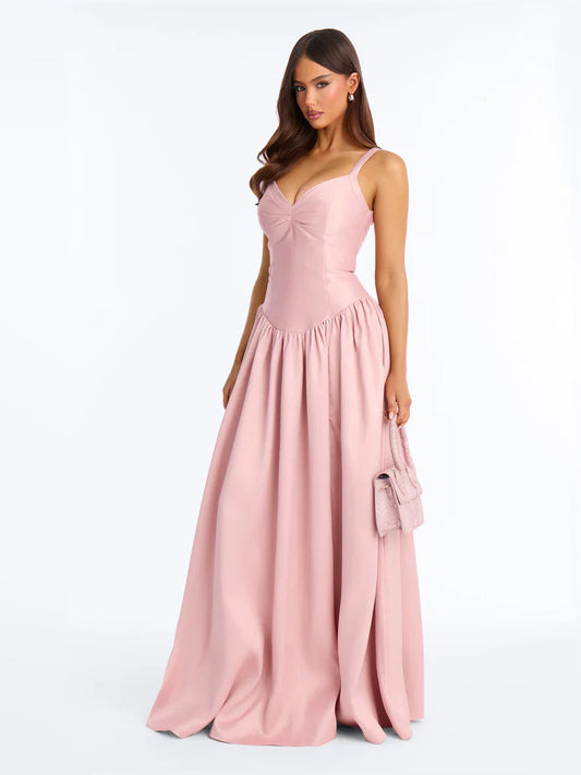 Pink sweetheart corset formal dress with ruched bodice and tiered floor-length skirt
