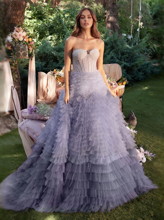 Lavender sweetheart corset prom dress with tiered tulle ruffles and mermaid skirt