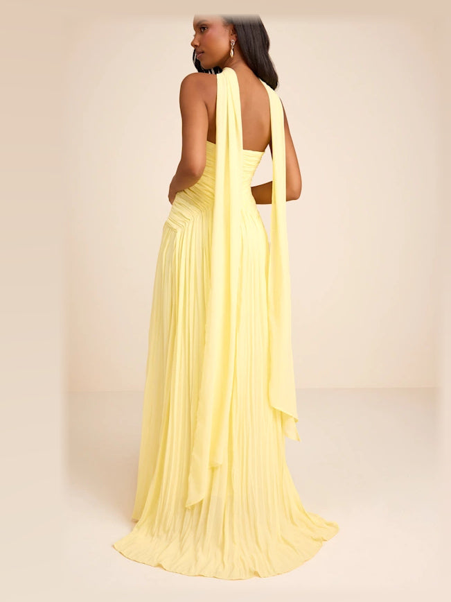 Light Yellow formal dress with a-line silhouette and maxi length