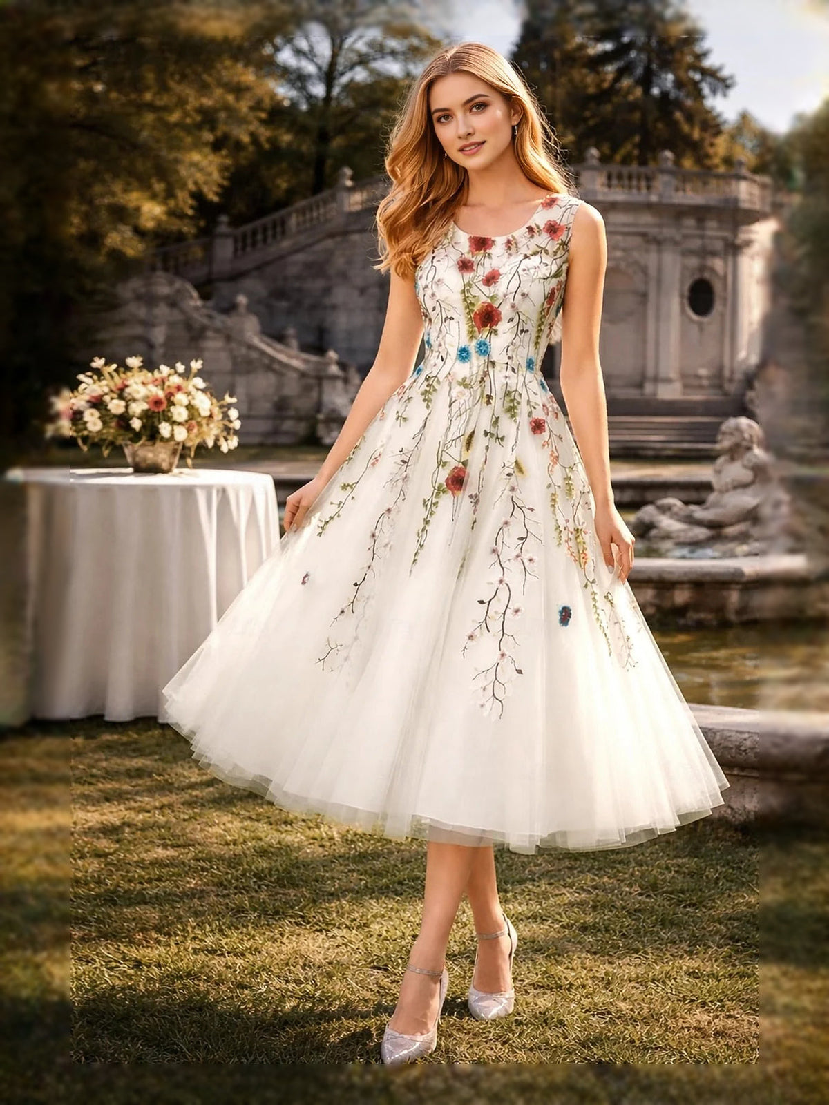 Ivory tulle midi prom dress with sleeveless embroidered floral bodice and A-line skirt
