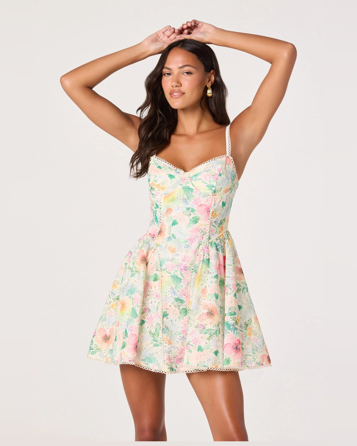 Floral sweetheart A-line mini dress with lace-trim straps and fitted bodice, pastel green-pink