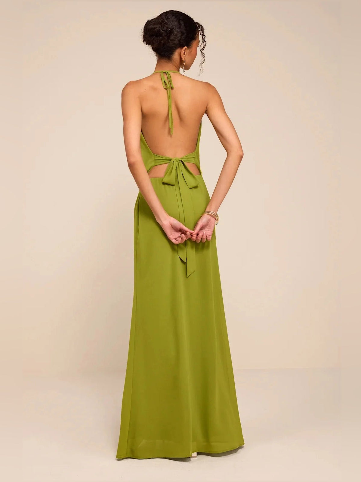 Olive green maxi chiffon dress, cowl halter neckline, open back cutout with tie straps