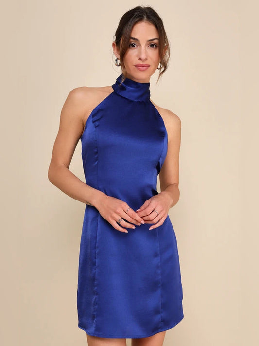 Royal blue satin halter mini homecoming dress with high neck