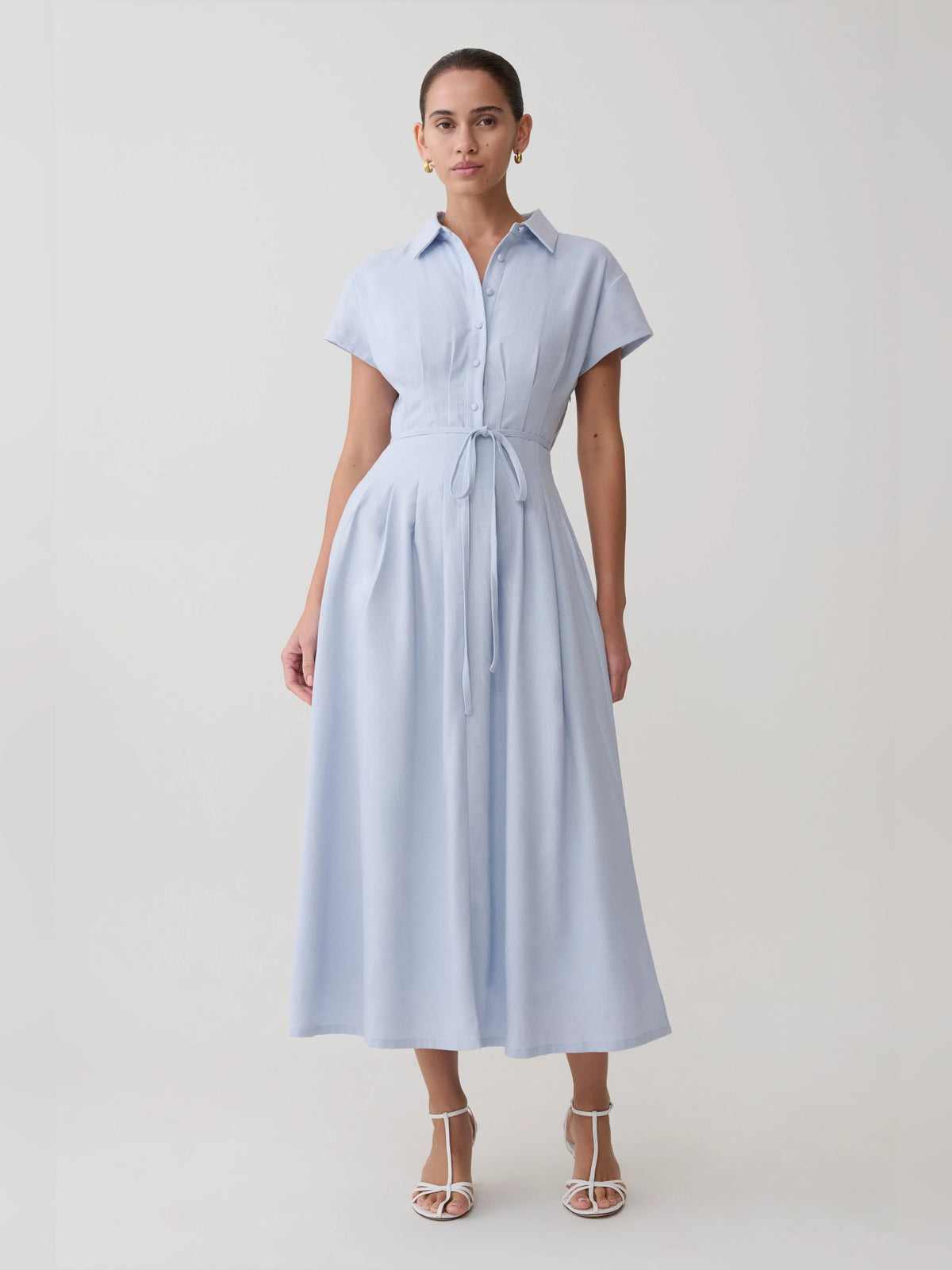 Cornflower blue button-front linen midi dress with short sleeves and waist tie belt