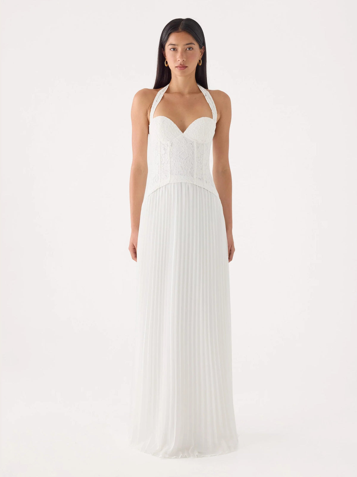 White formal dress with a-line silhouette and maxi length