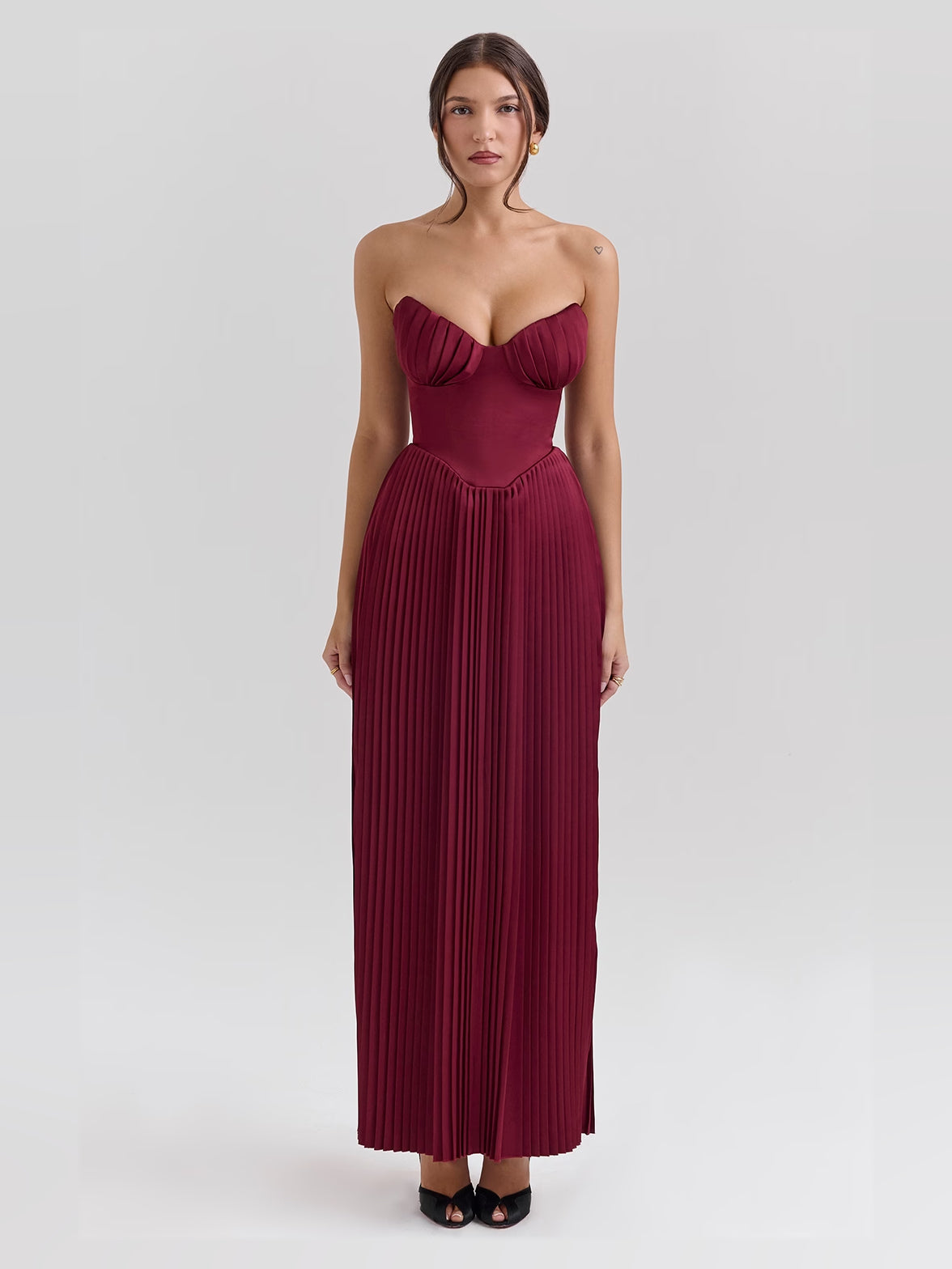 Burgundy a-line maxi formal dress with sweetheart neckline, full-length front view