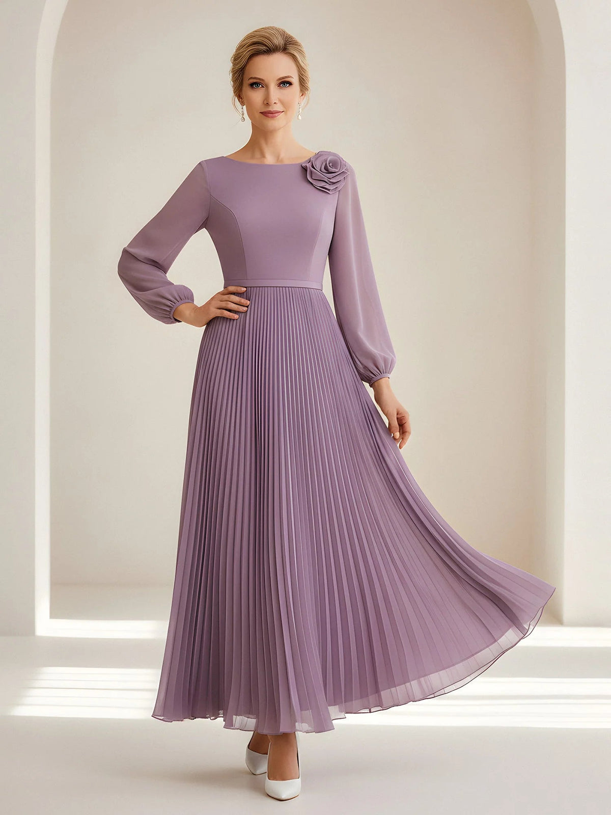 Lavender pleated A-line chiffon dress with boat neck, long sleeves, shoulder floral detail