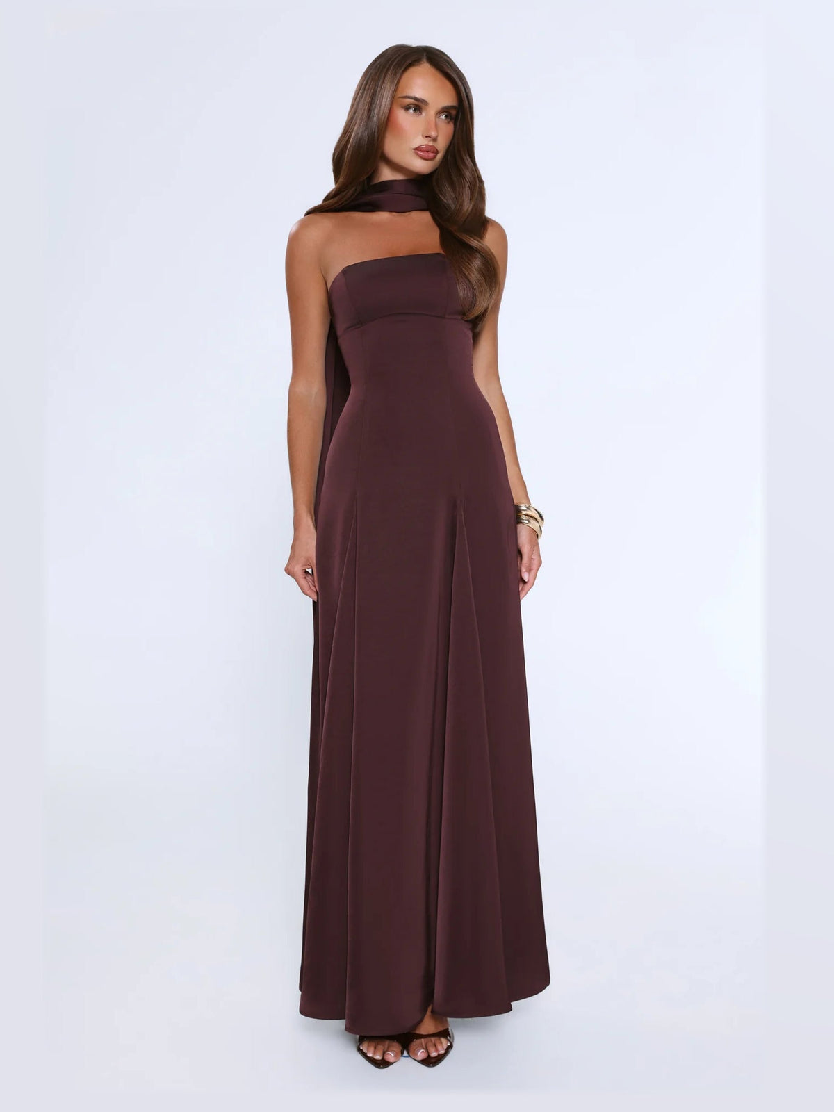 Chocolate formal dress with a-line silhouette and maxi length