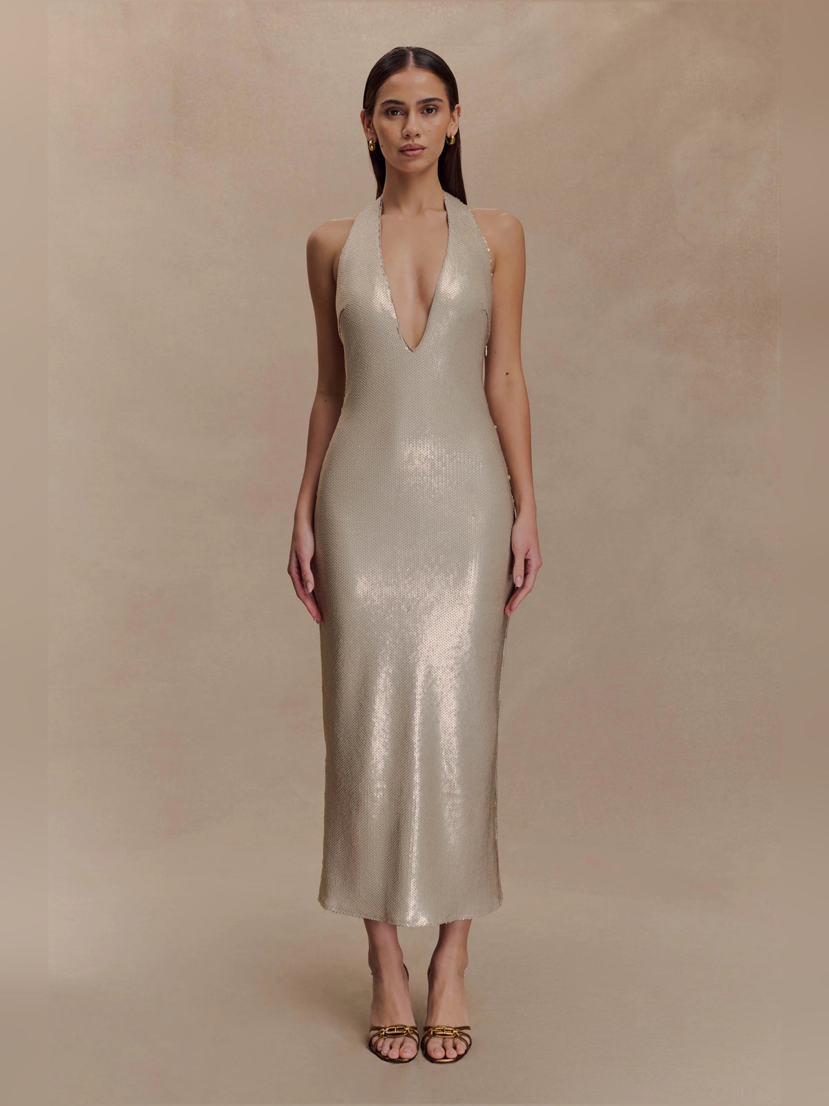 Gold sequin halter midi formal dress with deep V neckline