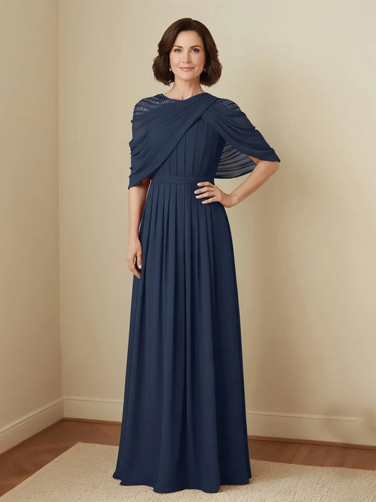 Dark navy pleated A-line chiffon dress with beaded round neckline and three-quarter sleeves