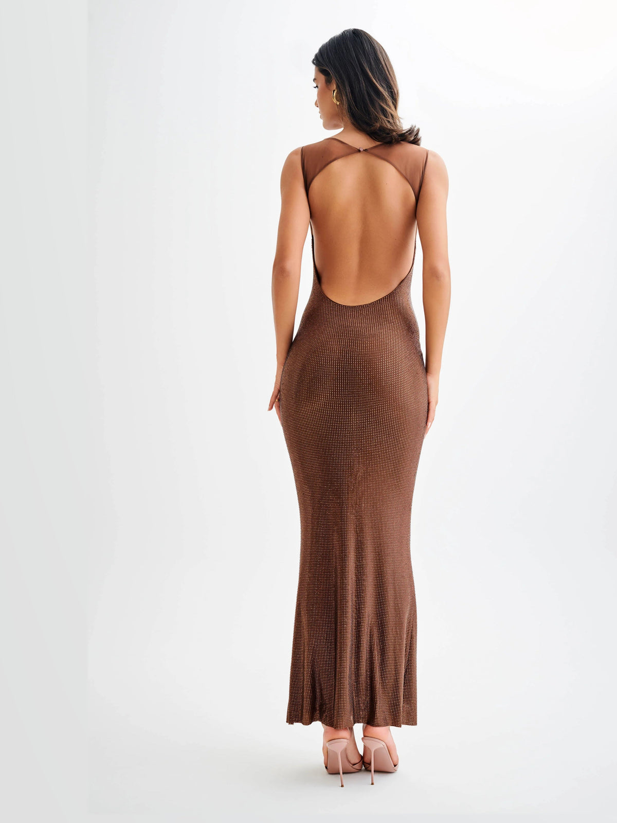 Chocolate formal dress with a-line silhouette and maxi length