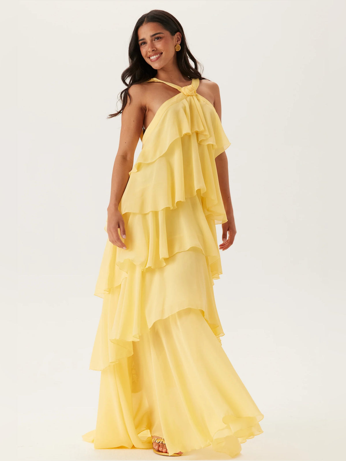 Yellow a-line maxi formal dress with V-neckline, full-length front view