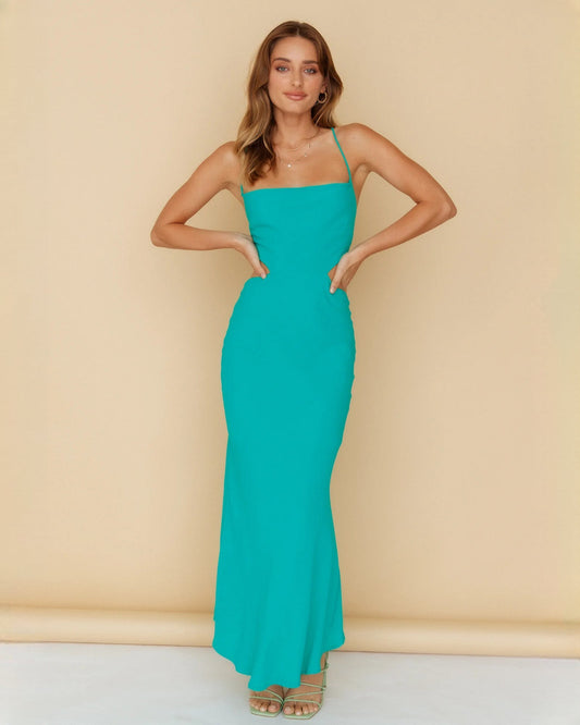 Teal sleeveless satin maxi dress with square neckline and structured A-line silhouette