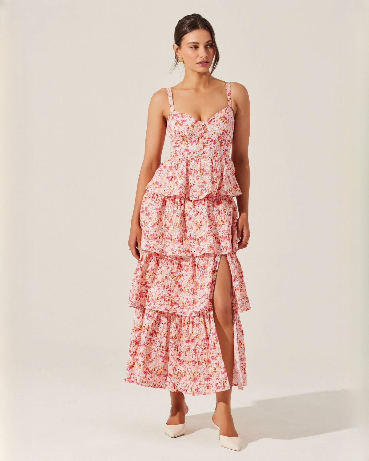 Sleeveless chiffon maxi dress in pink floral print, layered ruffles and V-neckline