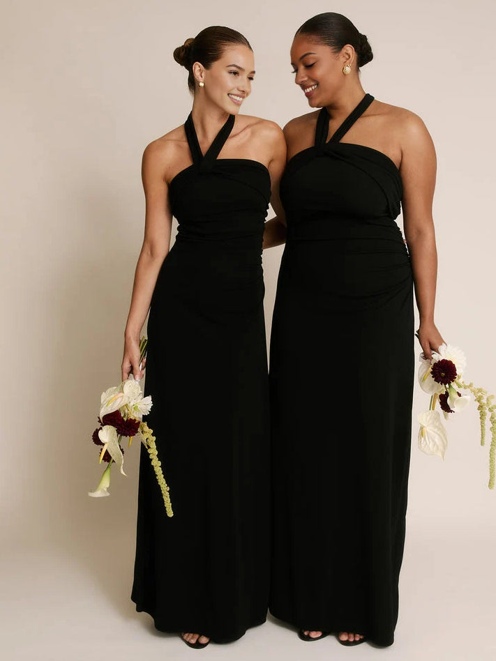 Black floor-length halter sheath dress with twisted neckline and sleeveless bodice