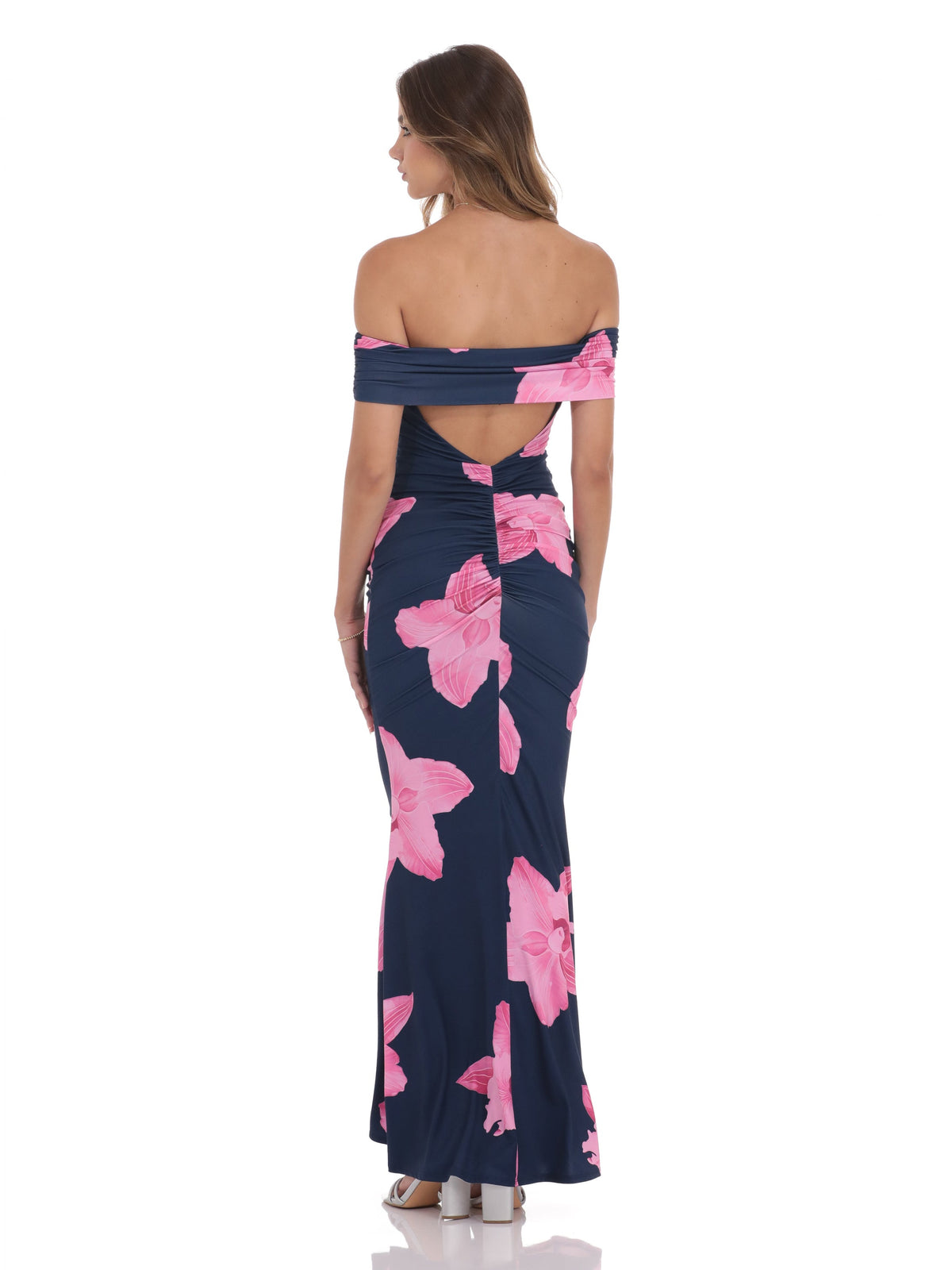 Navy bridesmaid dress with a-line silhouette and maxi length