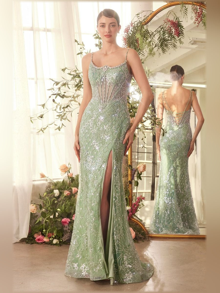 Sage green beaded spaghetti-strap formal gown with front slit, floor-length
