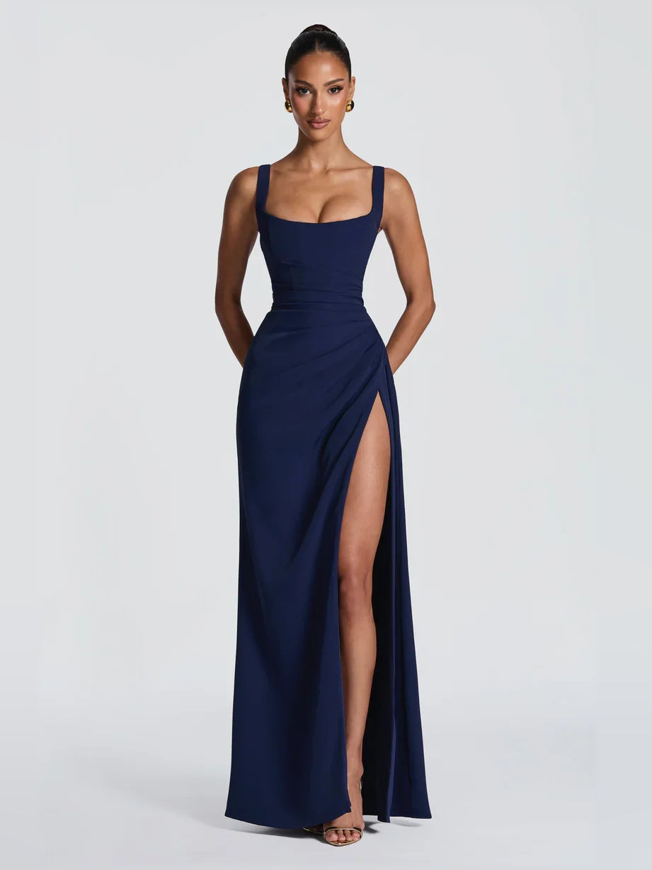 Dark navy square-neck formal dress with ruched bodice and high side slit