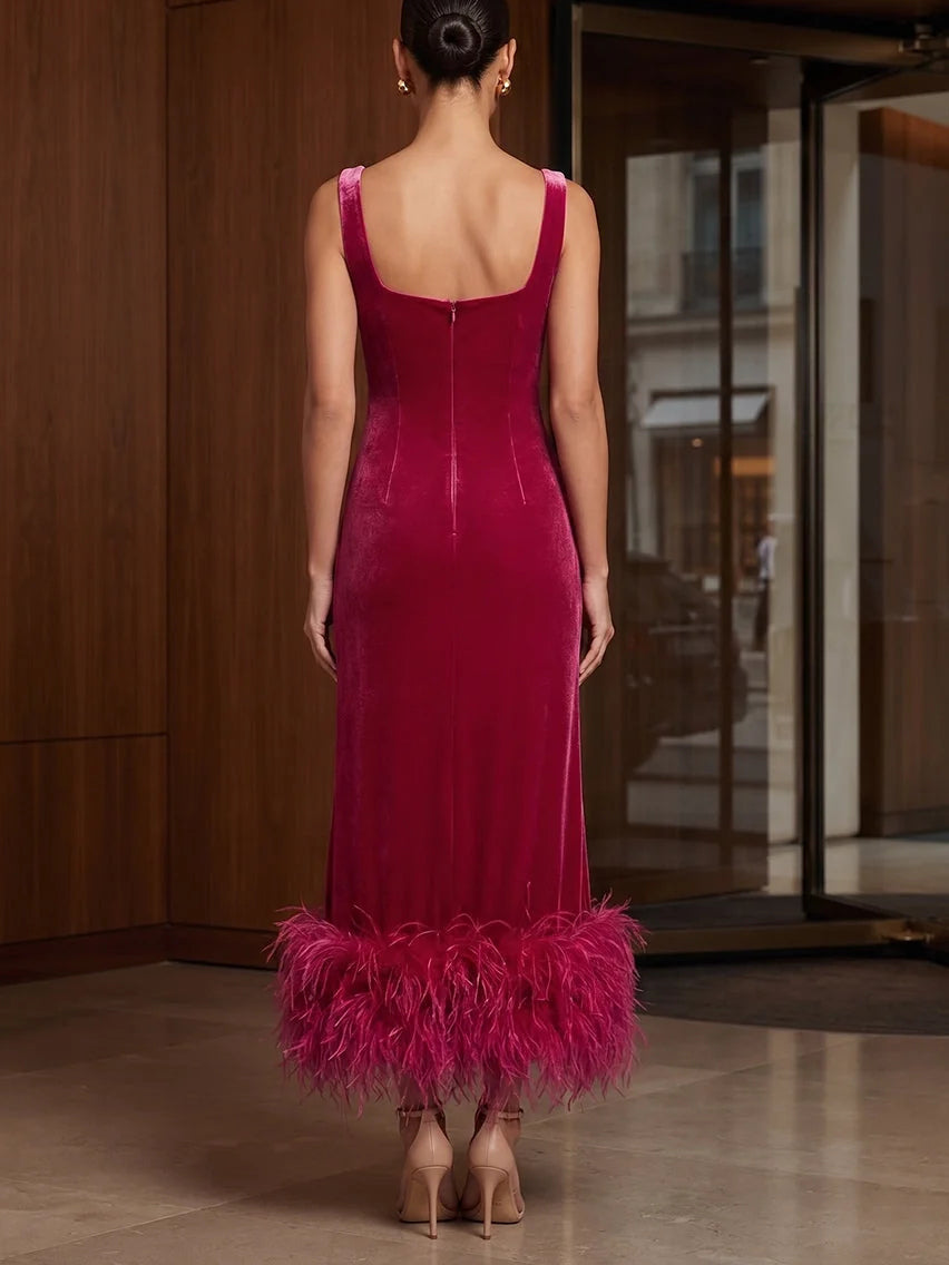 Fuchsia velvet square-neck mermaid midi prom dress with feather trim hem, sleeveless