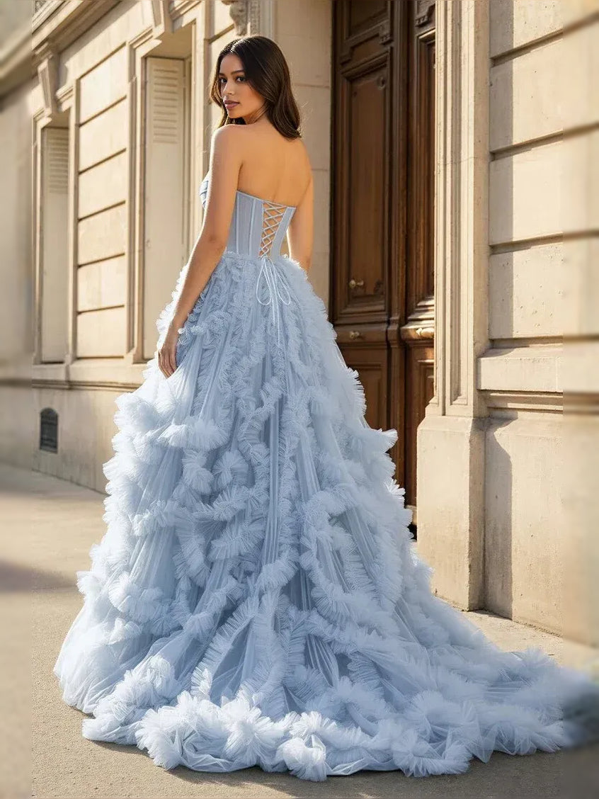 Dusty blue corset prom dress, sweetheart neckline, ruffled tulle skirt with slit
