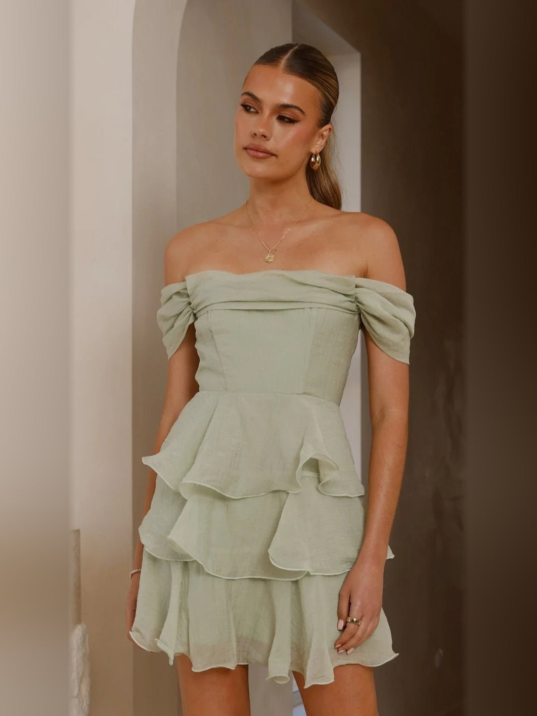 Sage off-shoulder mini homecoming dress with tiered ruffle skirt