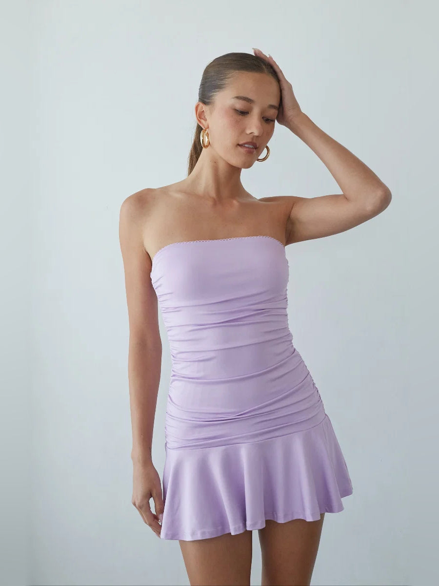 Lavender strapless mini dress with ruched bodice and tiered flared skirt