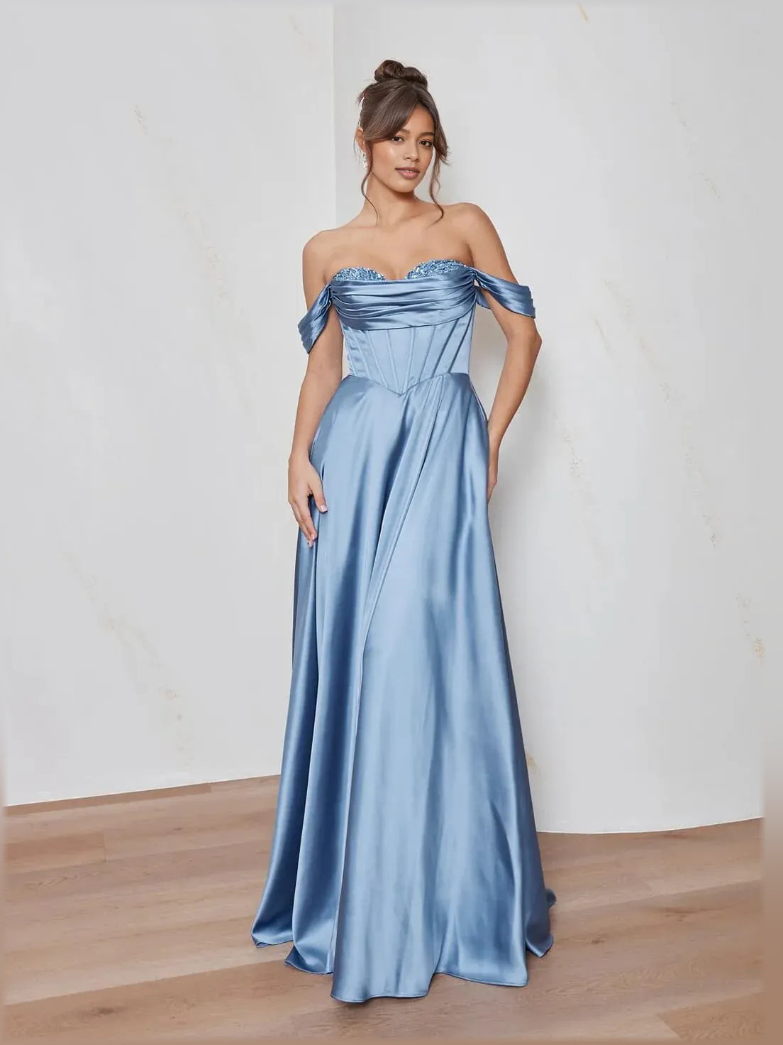 Steel blue off-shoulder corset formal dress with beaded bodice, floor-length satin skirt
