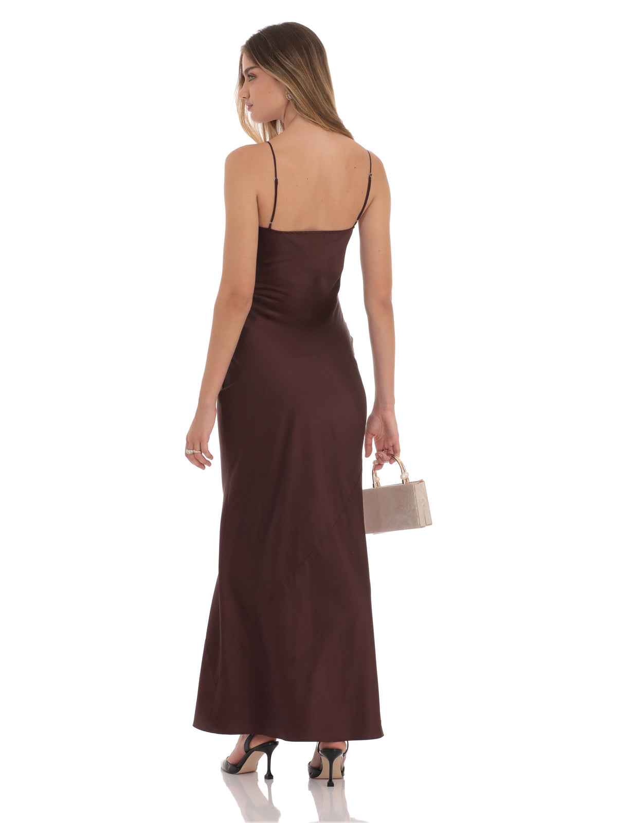 Brown bridesmaid dress with a-line silhouette and maxi length