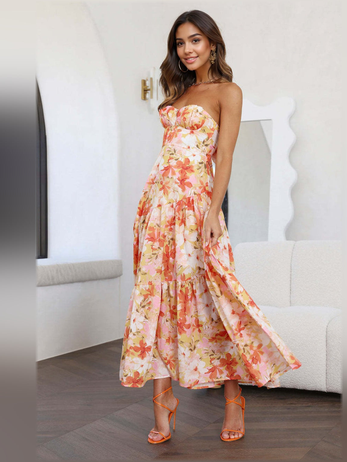 Floral midi formal dress with floral print, full-length front view