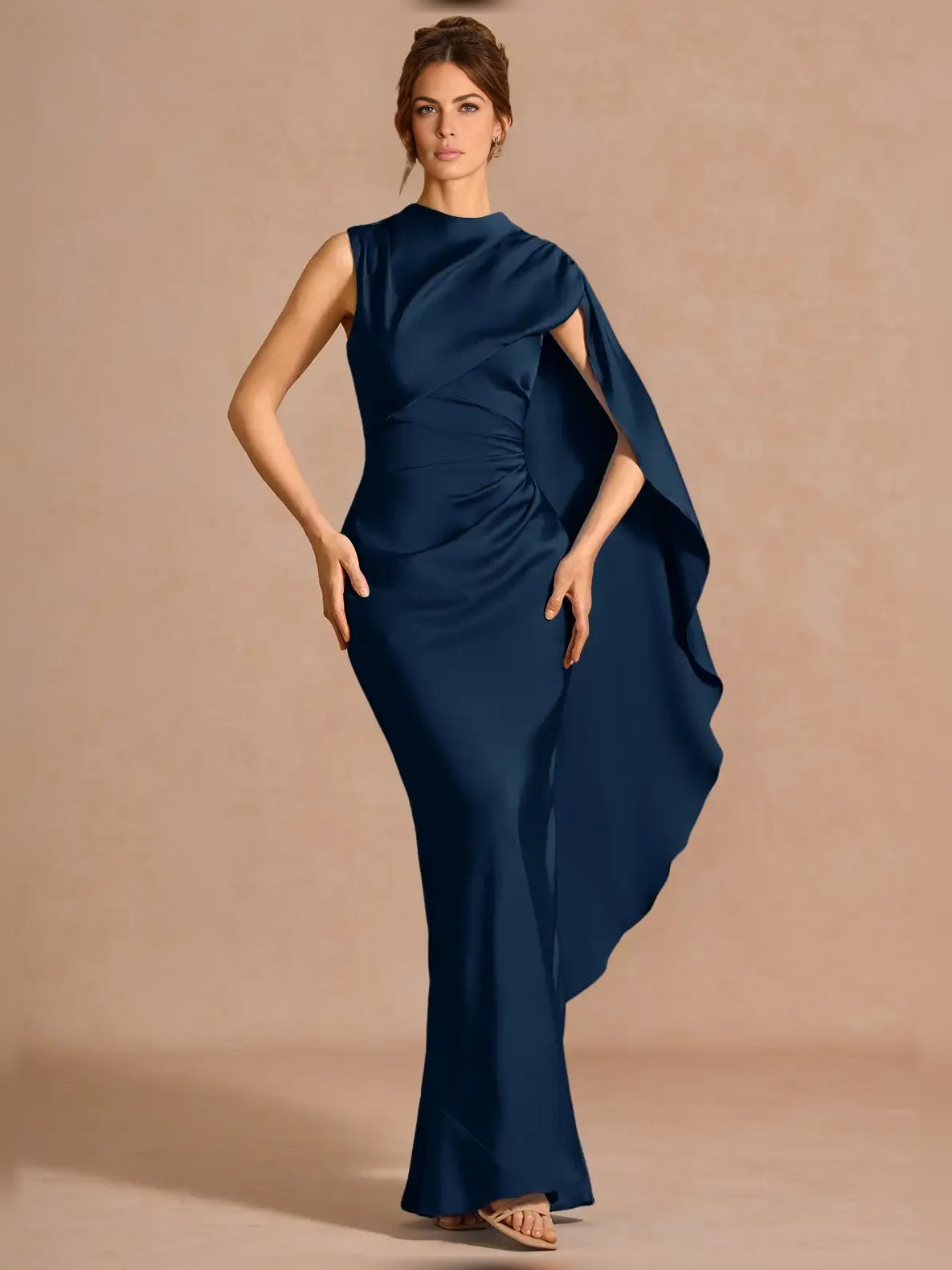 One-shoulder navy formal dress with side ruching and draped back sash, floor-length