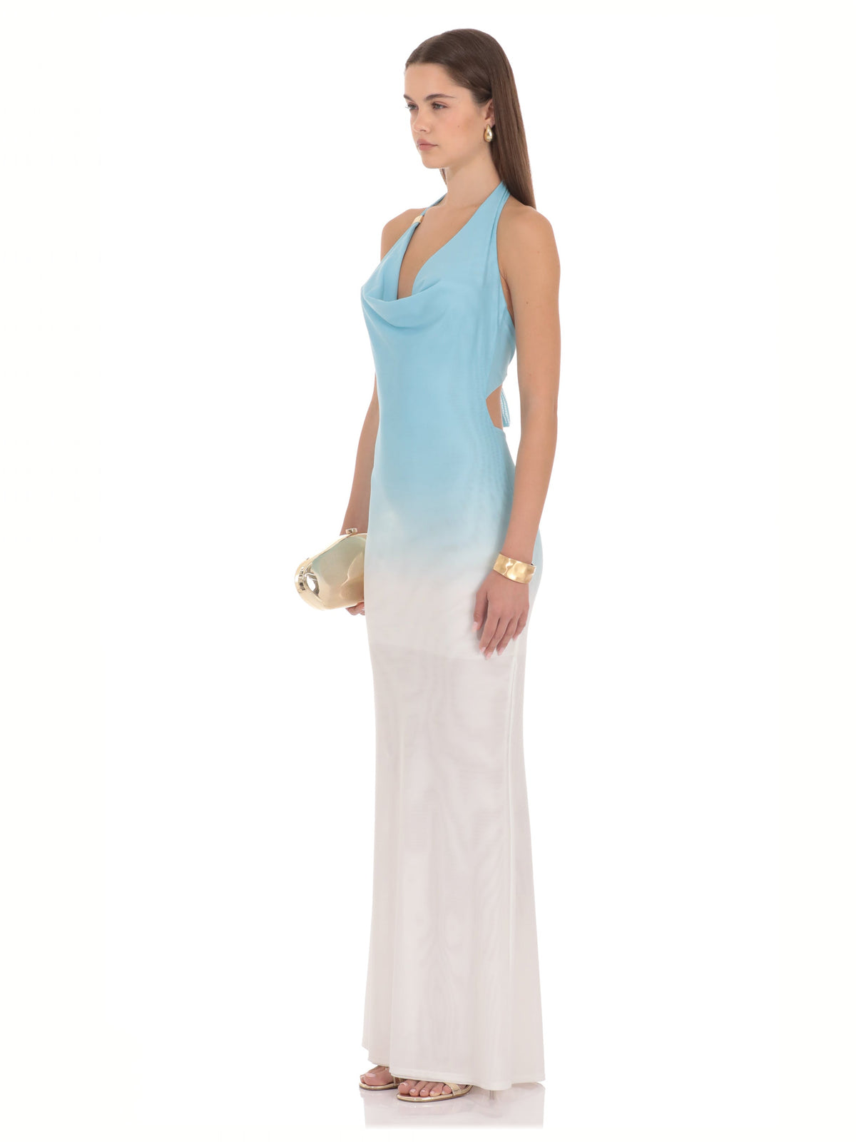 Blue And White bridesmaid dress with a-line silhouette and maxi length
