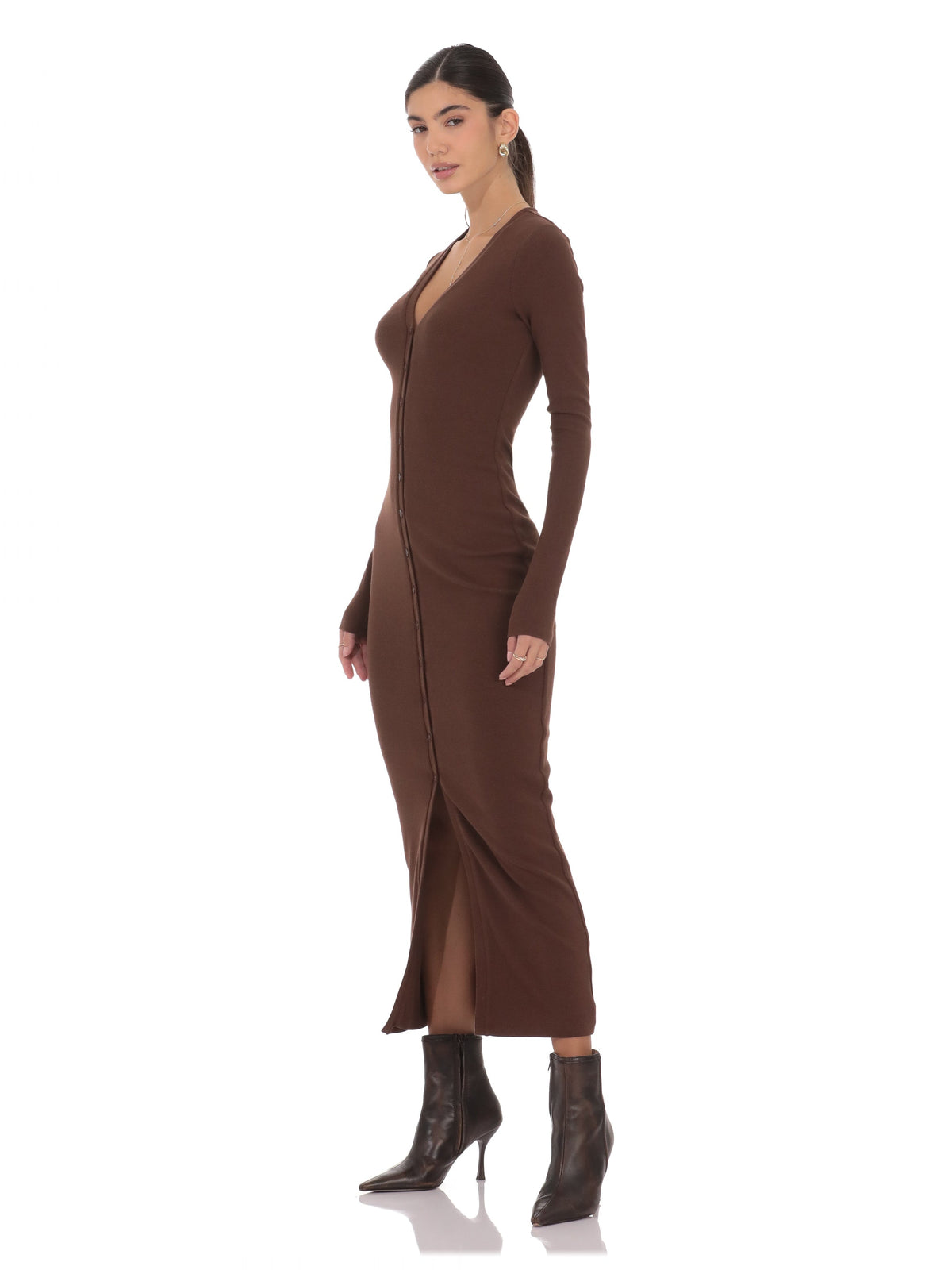 Brown bridesmaid dress with a-line silhouette and maxi length